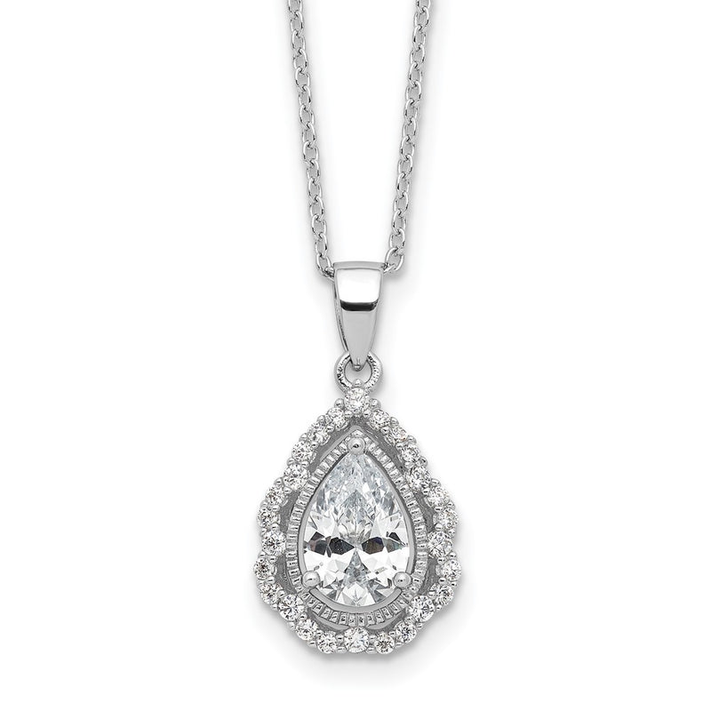 Sterling Silver Cheryl M Rhodium Plated CZ Teardrop w/2in Ext. Necklace