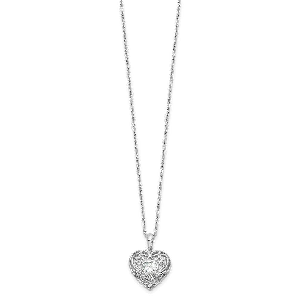 Sterling Silver Cheryl M Rhodium-Plated CZ Heart w/2in Ext. Necklace