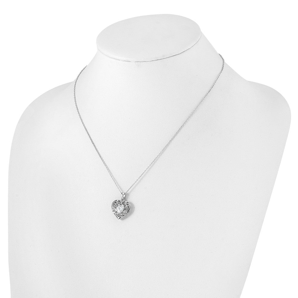 Sterling Silver Cheryl M Rhodium-Plated CZ Heart w/2in Ext. Necklace