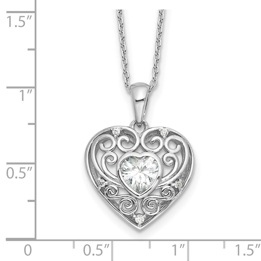 Sterling Silver Cheryl M Rhodium-Plated CZ Heart w/2in Ext. Necklace