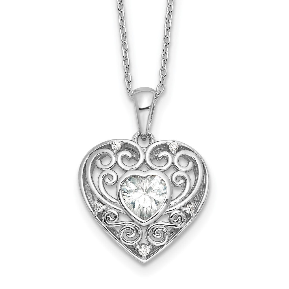 Sterling Silver Cheryl M Rhodium-Plated CZ Heart w/2in Ext. Necklace