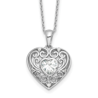 Sterling Silver Cheryl M Rhodium-Plated CZ Heart w/2in Ext. Necklace