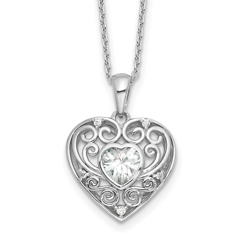 Sterling Silver Cheryl M Rhodium-Plated CZ Heart w/2in Ext. Necklace