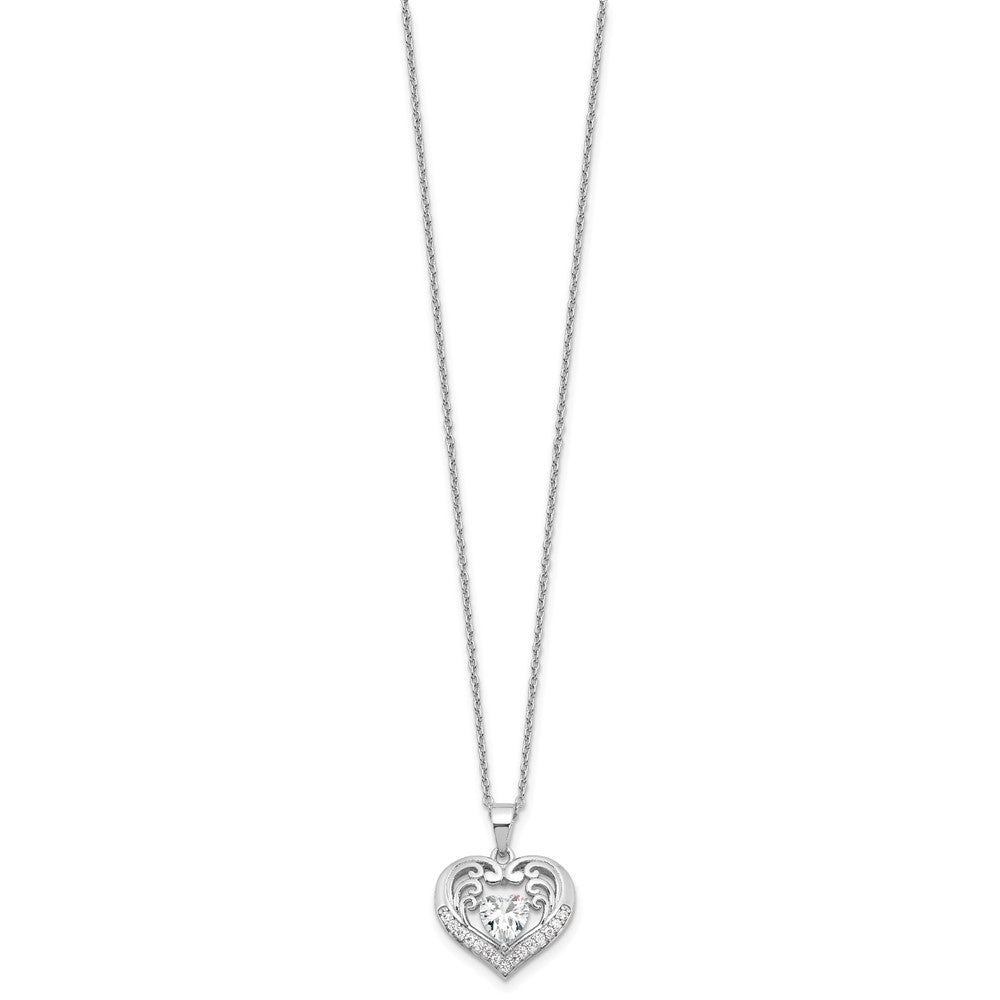 Sterling Silver Cheryl M Rhodium-Plated CZ Heart W/ 2in Ext. Necklace