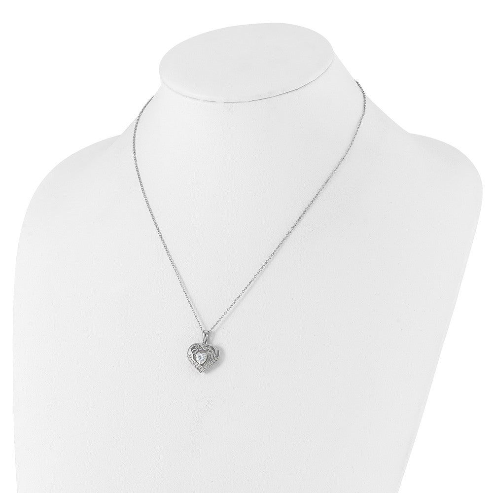 Sterling Silver Cheryl M Rhodium-Plated CZ Heart W/ 2in Ext. Necklace