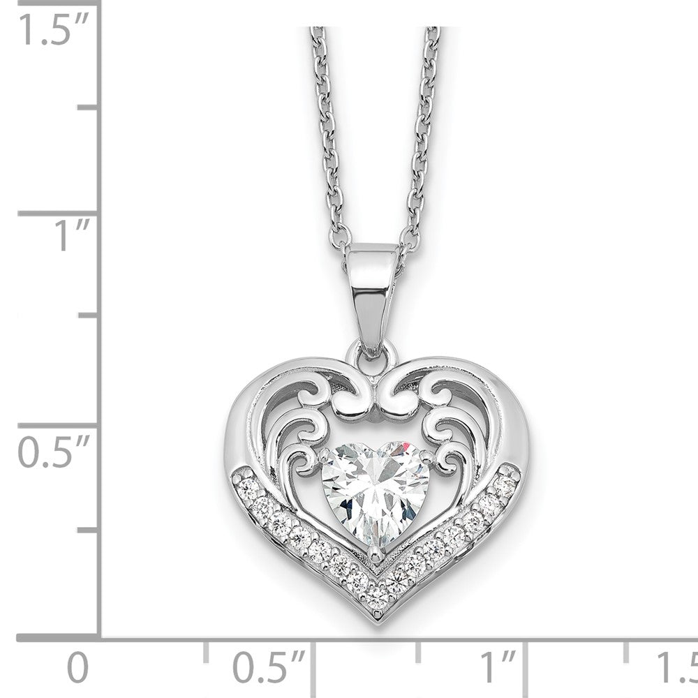 Sterling Silver Cheryl M Rhodium-Plated CZ Heart W/ 2in Ext. Necklace