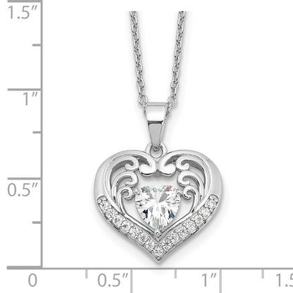 Sterling Silver Cheryl M Rhodium-Plated CZ Heart W/ 2in Ext. Necklace