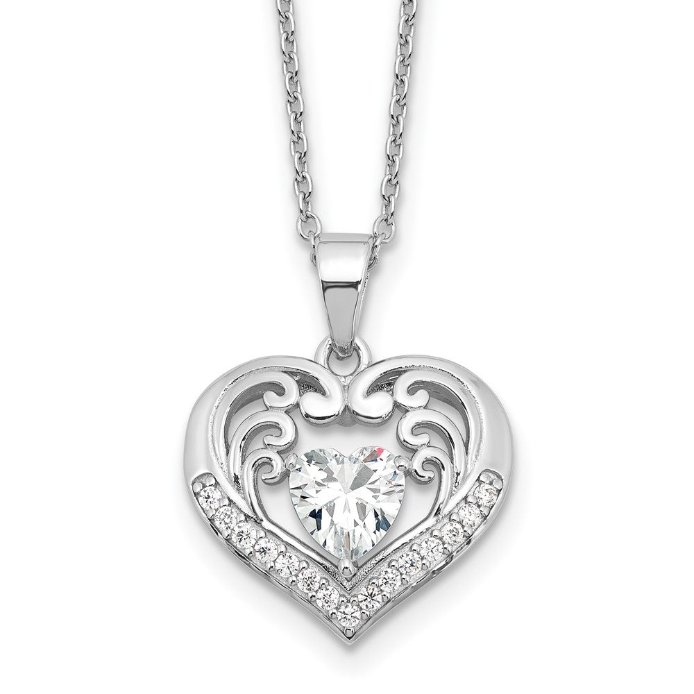 Sterling Silver Cheryl M Rhodium-Plated CZ Heart W/ 2in Ext. Necklace