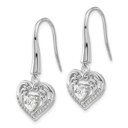 Sterling Silver Cheryl M Rhodium-Plated CZ Heart Dangle Earrings