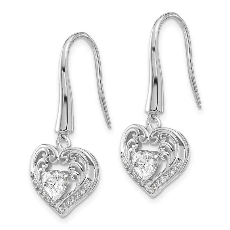 Sterling Silver Cheryl M Rhodium-Plated CZ Heart Dangle Earrings