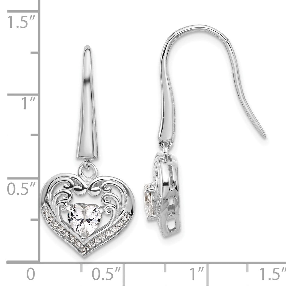 Sterling Silver Cheryl M Rhodium-Plated CZ Heart Dangle Earrings