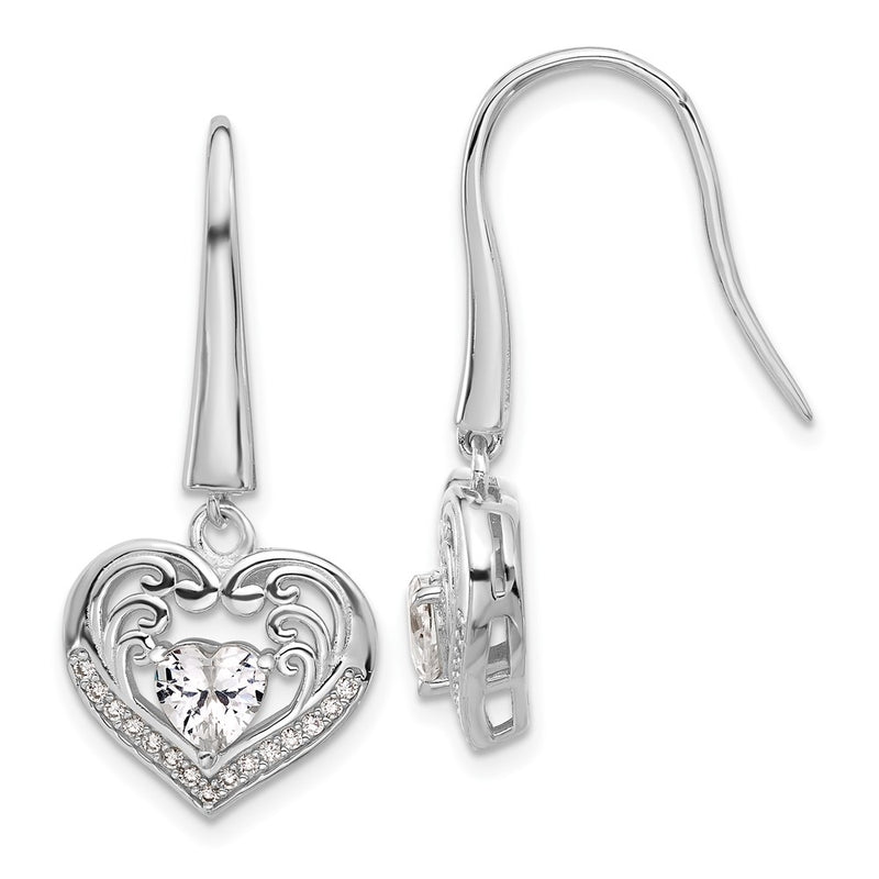 Sterling Silver Cheryl M Rhodium-Plated CZ Heart Dangle Earrings