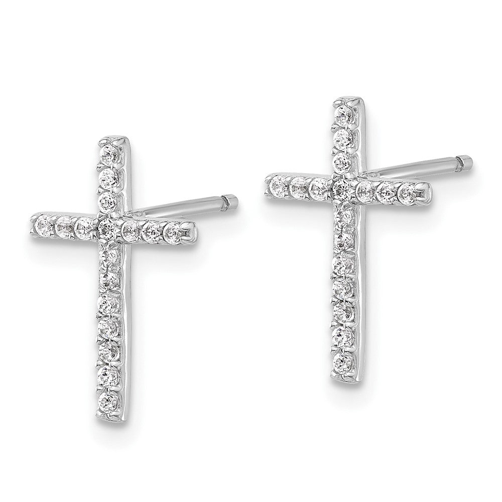 Sterling Silver Cheryl M Rhodium-Plated CZ Cross Post Earrings