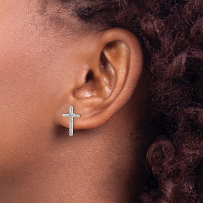 Sterling Silver Cheryl M Rhodium-Plated CZ Cross Post Earrings