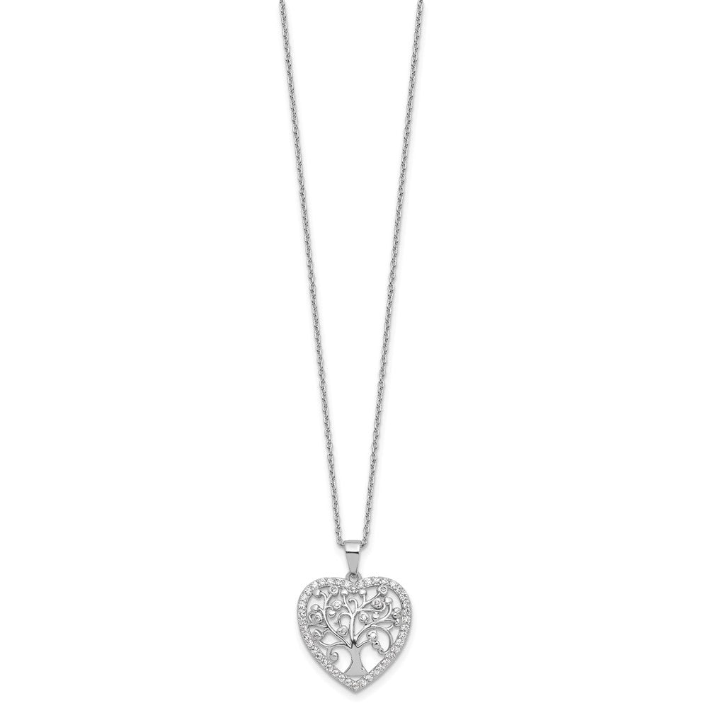 Sterling Silver Cheryl M Rhodium-Plated CZ Tree of Life Heart w/2in Ext Necklace