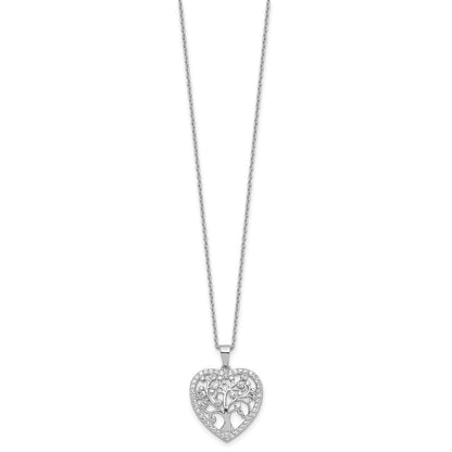 Sterling Silver Cheryl M Rhodium-Plated CZ Tree of Life Heart w/2in Ext Necklace