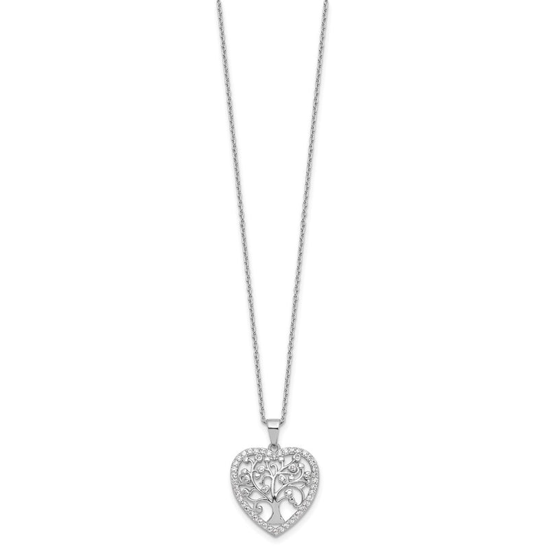 Sterling Silver Cheryl M Rhodium-Plated CZ Tree of Life Heart w/2in Ext Necklace