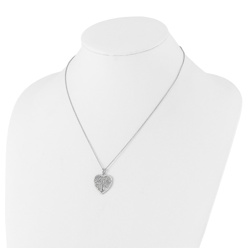 Sterling Silver Cheryl M Rhodium-Plated CZ Tree of Life Heart w/2in Ext Necklace