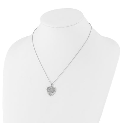 Sterling Silver Cheryl M Rhodium-Plated CZ Tree of Life Heart w/2in Ext Necklace