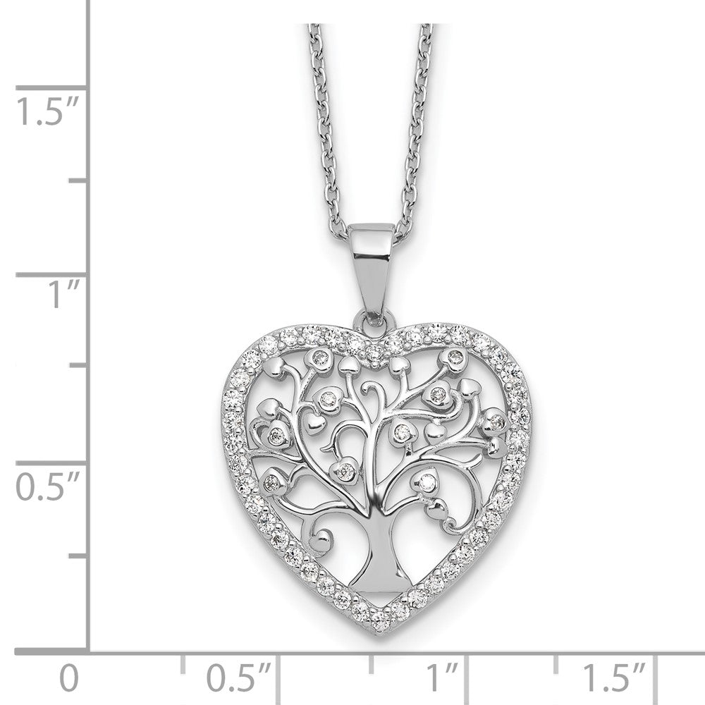 Sterling Silver Cheryl M Rhodium-Plated CZ Tree of Life Heart w/2in Ext Necklace