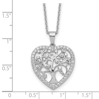 Sterling Silver Cheryl M Rhodium-Plated CZ Tree of Life Heart w/2in Ext Necklace