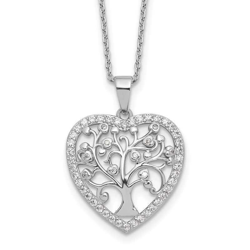 Sterling Silver Cheryl M Rhodium-Plated CZ Tree of Life Heart w/2in Ext Necklace
