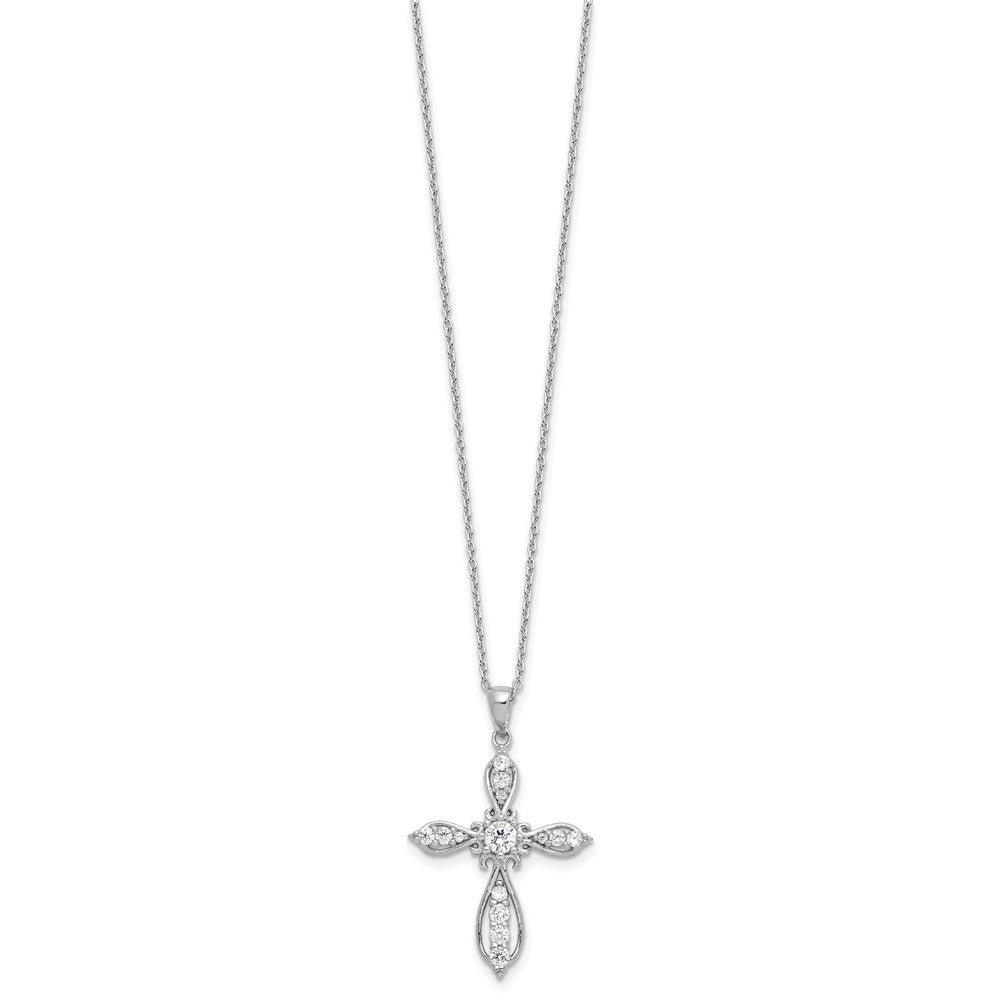 Sterling Silver Cheryl M Rhodium-Plated CZ Cross w/2in Ext. Necklace