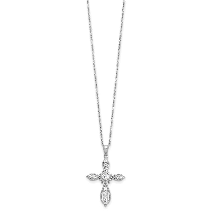 Sterling Silver Cheryl M Rhodium-Plated CZ Cross w/2in Ext. Necklace