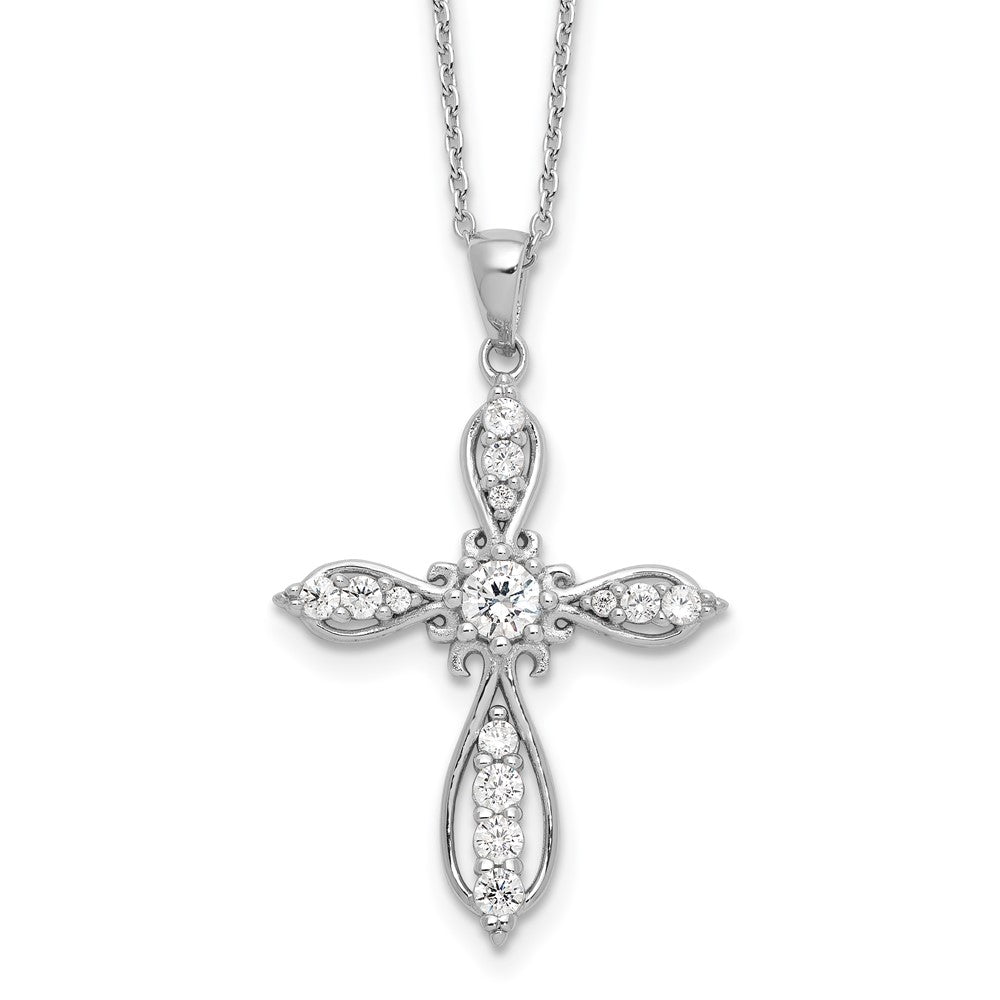 Sterling Silver Cheryl M Rhodium-Plated CZ Cross w/2in Ext. Necklace