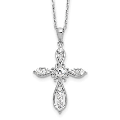Sterling Silver Cheryl M Rhodium-Plated CZ Cross w/2in Ext. Necklace