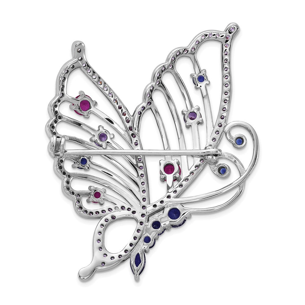 Sterling Silver Cheryl M Rh-Pl Cr. Ruby, Cr. Sapphire & CZ Butterfly Pin