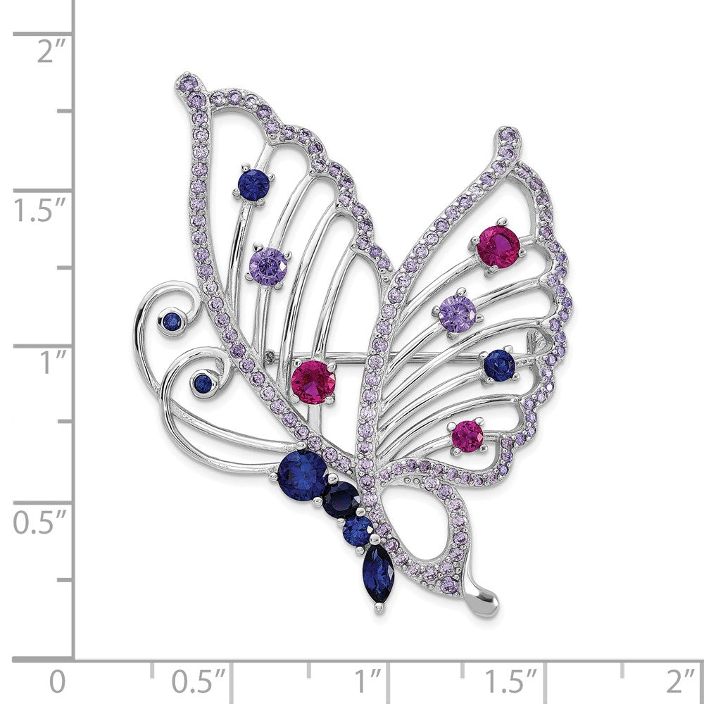 Sterling Silver Cheryl M Rh-Pl Cr. Ruby, Cr. Sapphire & CZ Butterfly Pin