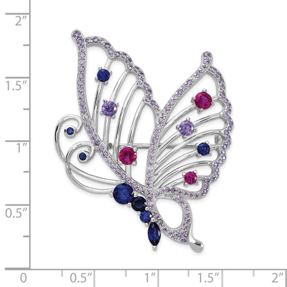 Sterling Silver Cheryl M Rh-Pl Cr. Ruby, Cr. Sapphire & CZ Butterfly Pin