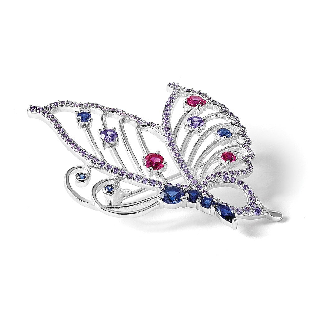 Sterling Silver Cheryl M Rh-Pl Cr. Ruby, Cr. Sapphire & CZ Butterfly Pin