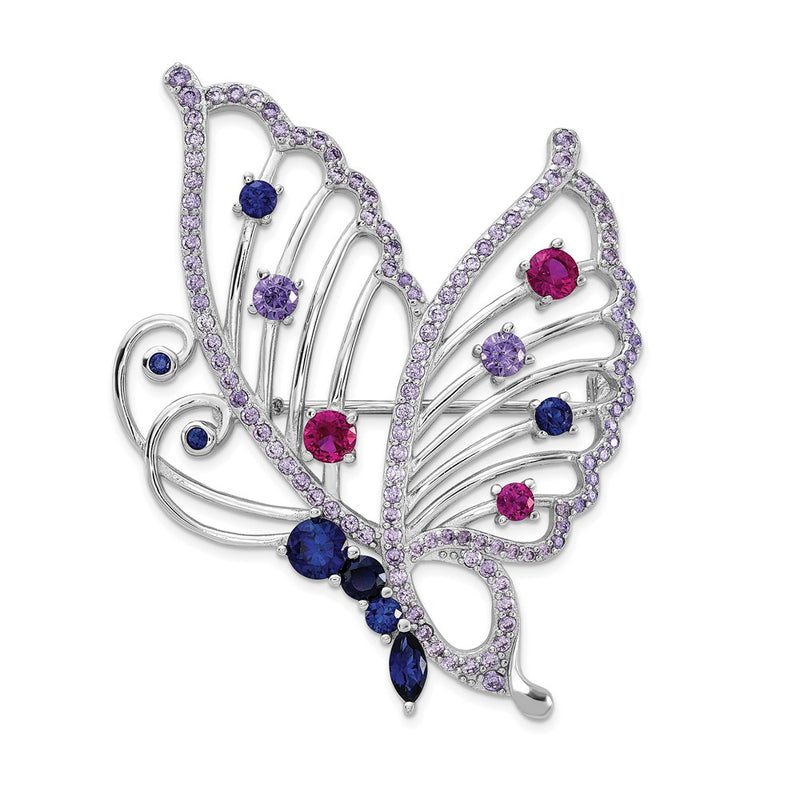 Sterling Silver Cheryl M Rh-Pl Cr. Ruby, Cr. Sapphire & CZ Butterfly Pin