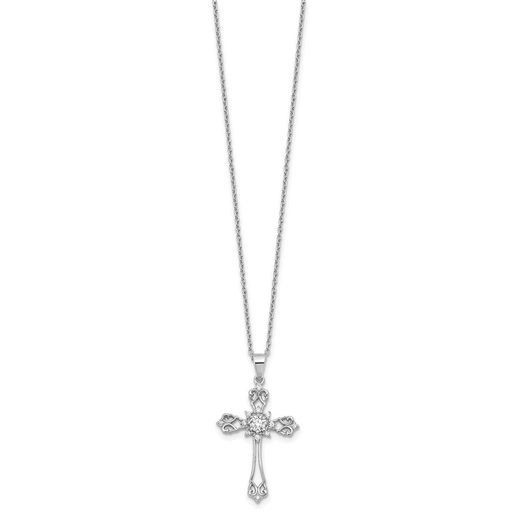 Sterling Silver Cheryl M Rhodium-Plated CZ Cross w/2in Ext. Necklace