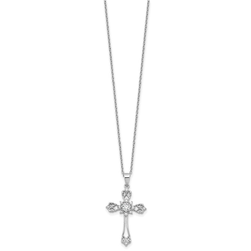 Sterling Silver Cheryl M Rhodium-Plated CZ Cross w/2in Ext. Necklace