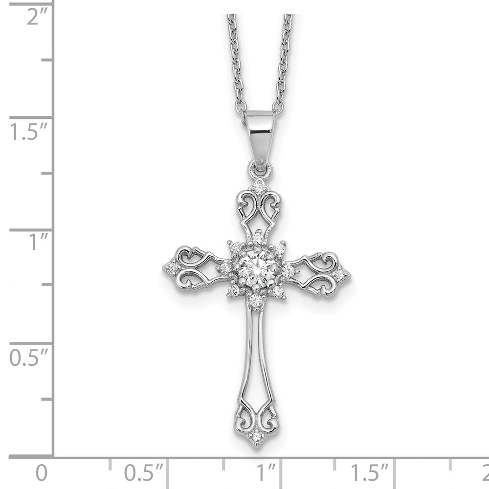 Sterling Silver Cheryl M Rhodium-Plated CZ Cross w/2in Ext. Necklace