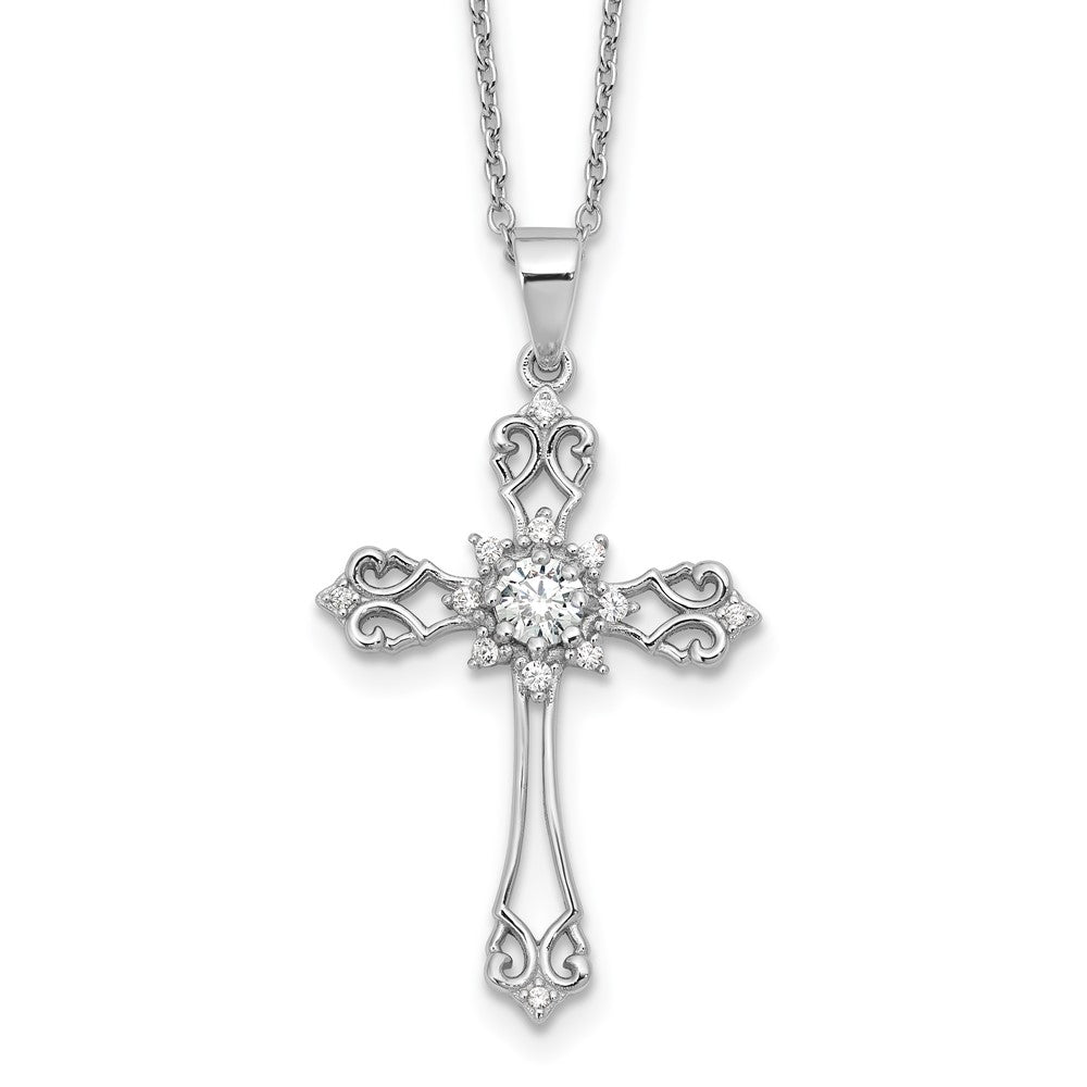 Sterling Silver Cheryl M Rhodium-Plated CZ Cross w/2in Ext. Necklace