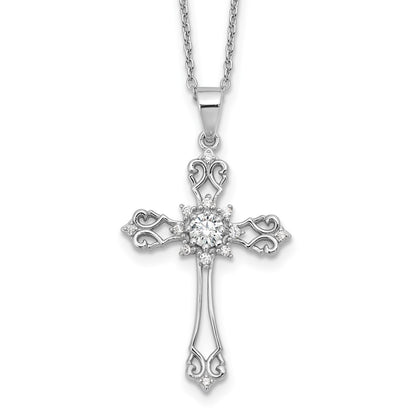 Sterling Silver Cheryl M Rhodium-Plated CZ Cross w/2in Ext. Necklace