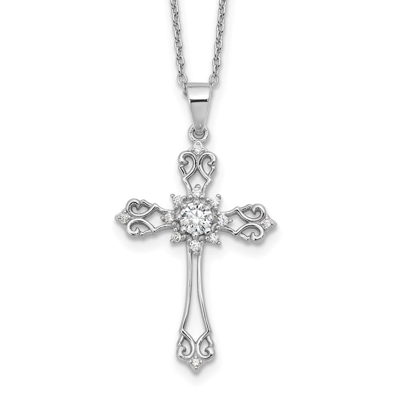 Sterling Silver Cheryl M Rhodium-Plated CZ Cross w/2in Ext. Necklace