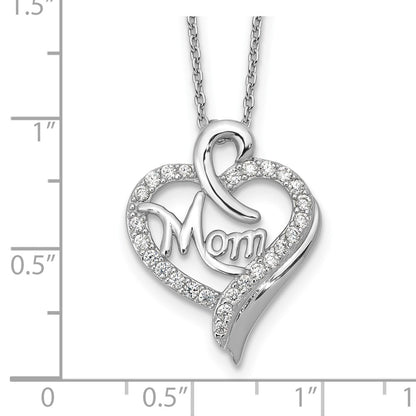 Sterling Silver Cheryl M Rhod-Pltd CZ Mom Heart w/2in Ext Necklace
