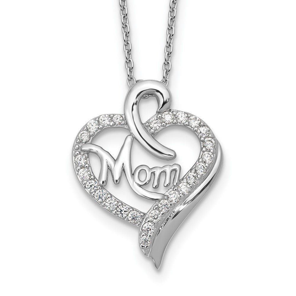 Sterling Silver Cheryl M Rhod-Pltd CZ Mom Heart w/2in Ext Necklace
