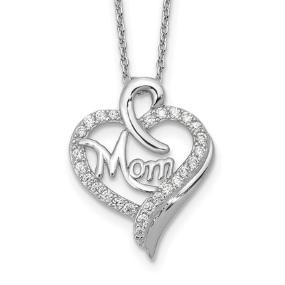 Sterling Silver Cheryl M Rhod-Pltd CZ Mom Heart w/2in Ext Necklace