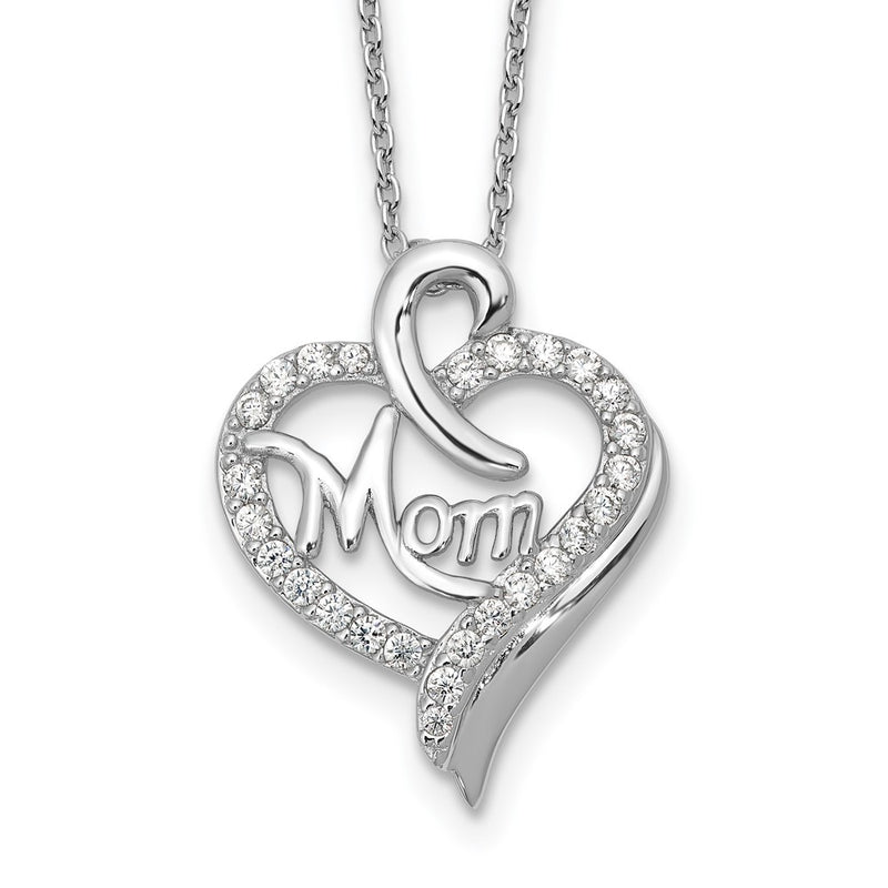 Sterling Silver Cheryl M Rhod-Pltd CZ Mom Heart w/2in Ext Necklace