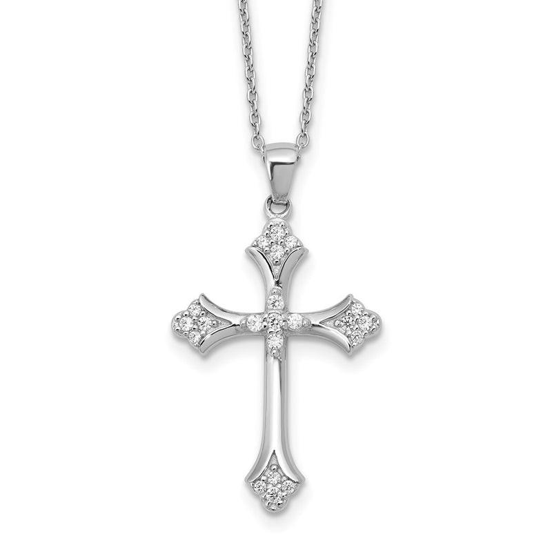 Sterling Silver Cheryl M Rhodium-Plated CZ Cross w/2in Ext. Necklace