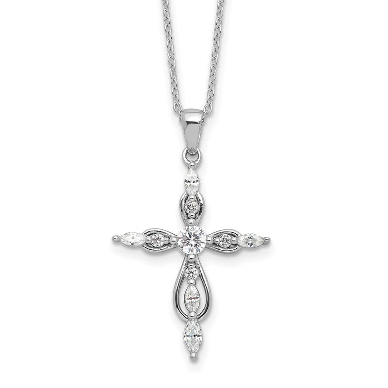 Sterling Silver Cheryl M Rhodium-Plated CZ Cross w/2in Ext. Necklace