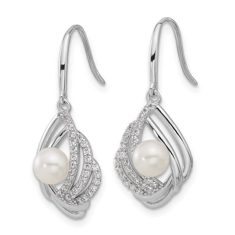 Sterling Silver Cheryl M Rhodium Plated CZ & Fwc Pearl Dangle Earrings