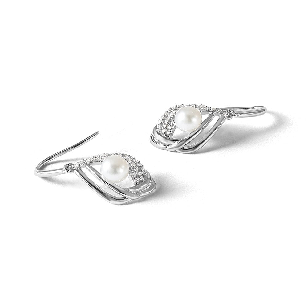 Sterling Silver Cheryl M Rhodium Plated CZ & Fwc Pearl Dangle Earrings