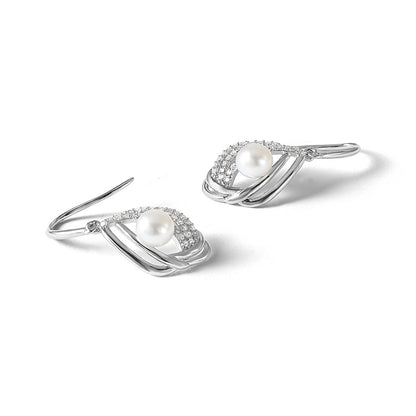 Sterling Silver Cheryl M Rhodium Plated CZ & Fwc Pearl Dangle Earrings